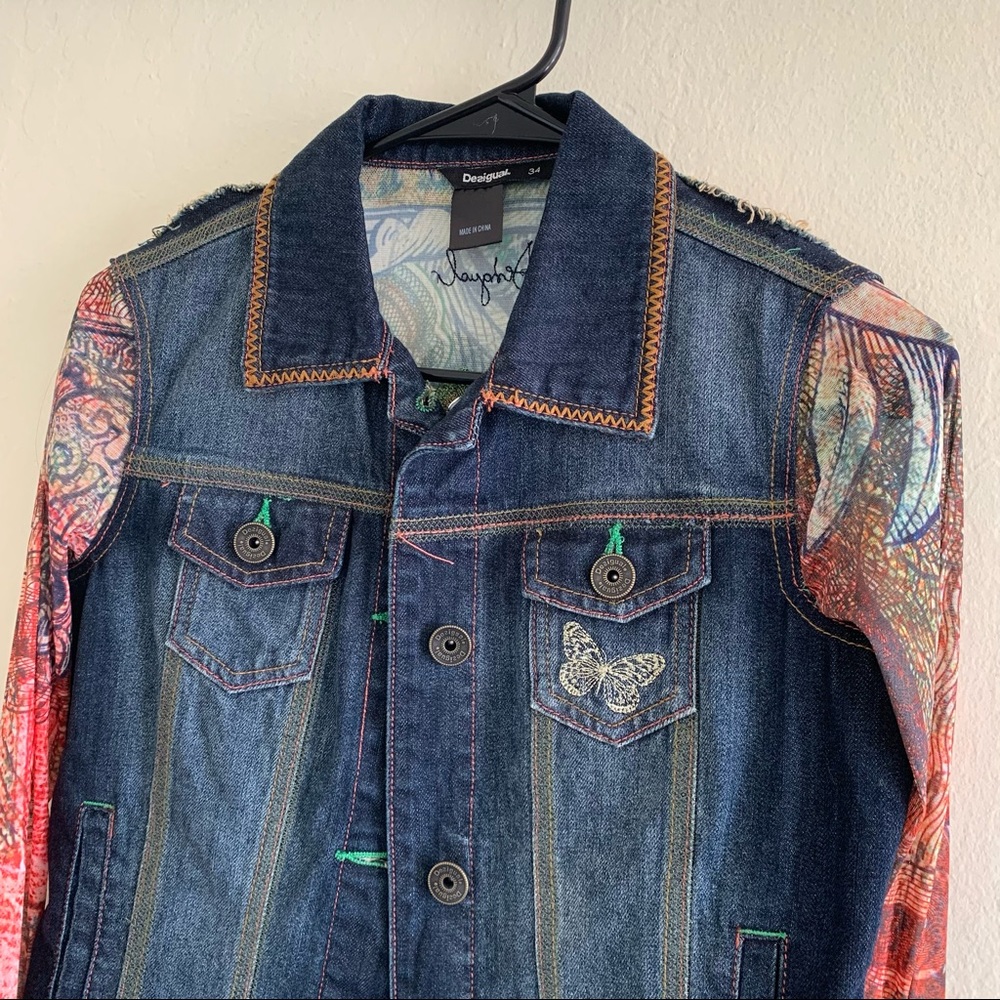Desigual printed denim jacket with mesh sleeves XS - Picture 3 of 5